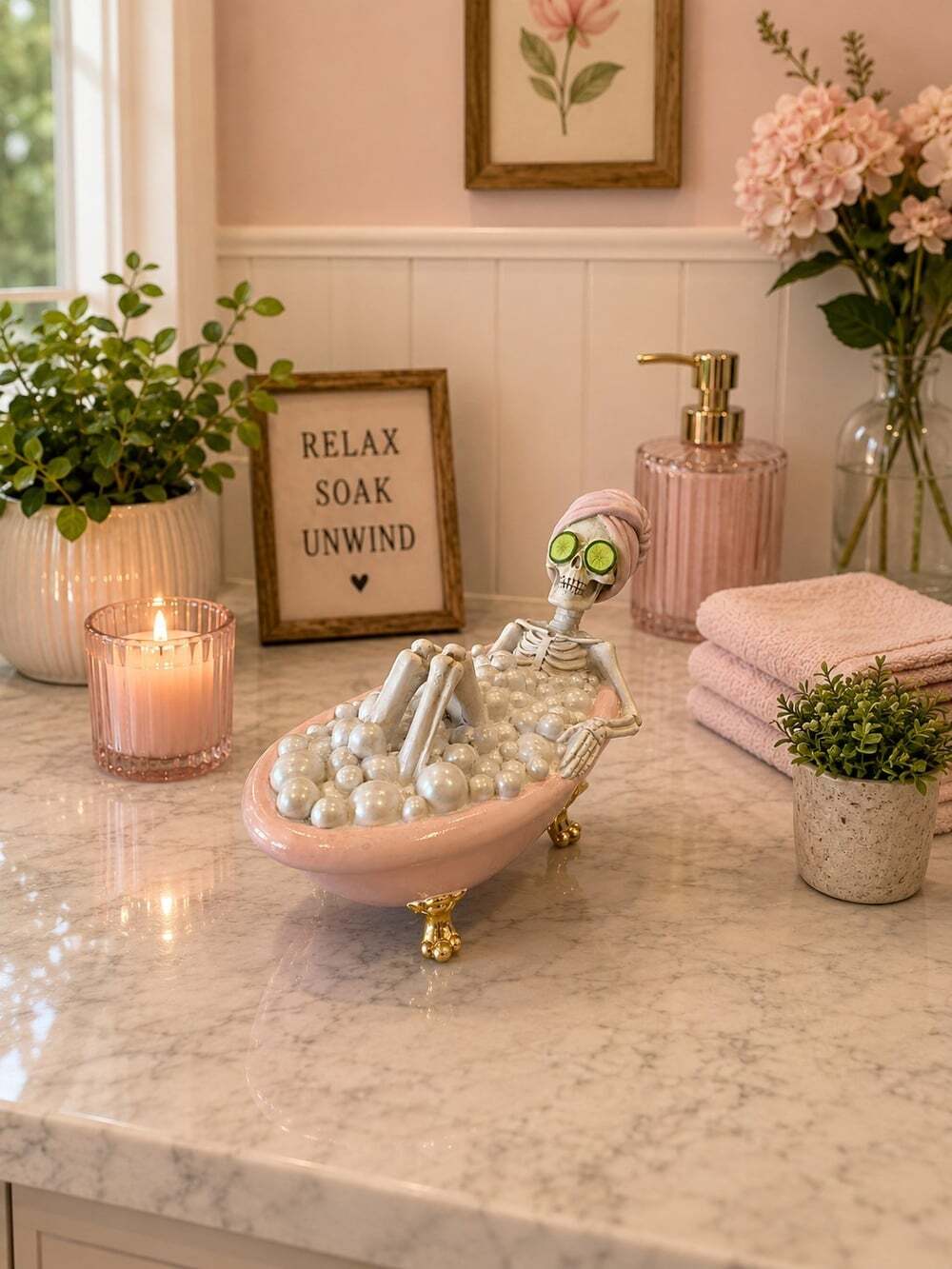 New Pastel Pink Skeleton In A Tub Takeing A Bubble Bath Halloween Holiday Decor - Picture 2 of 3